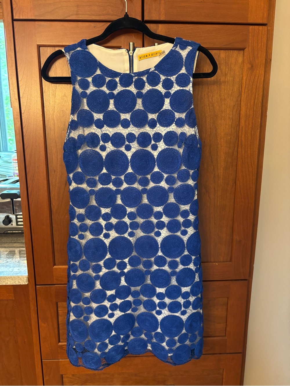 EUC Alice + Olivia Groovy Embroidered Blue Dot Shift Mini Dress Sz 4 / XS